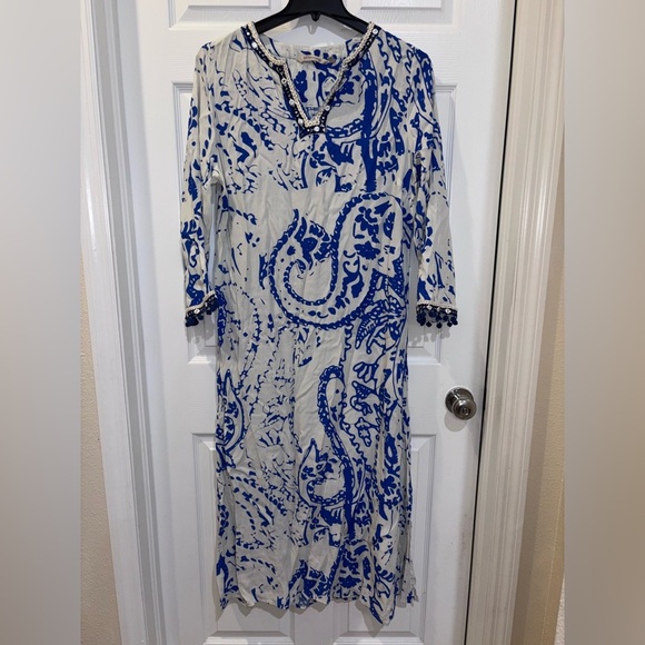 Soft Surroundings Creacendo Kaftan Mandi Dress in blue and white. Sz L - Picture 3 of 13